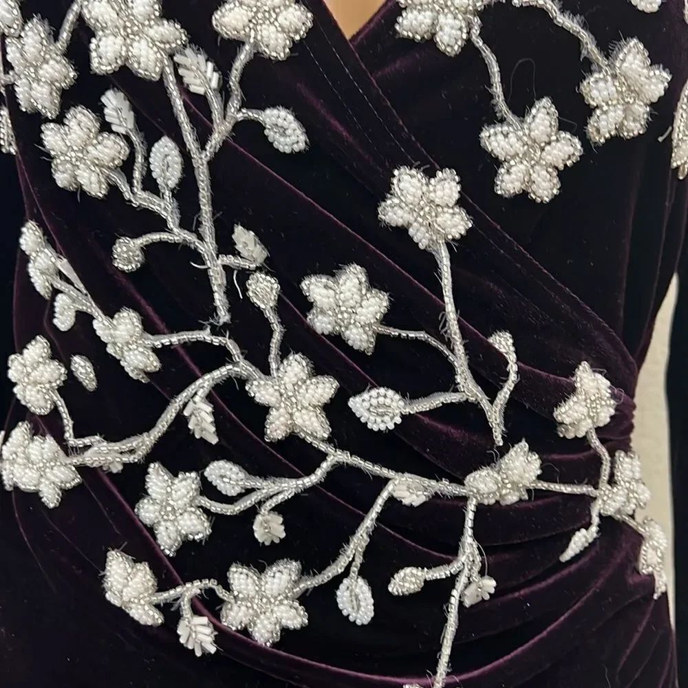 Tadashi Velvet Formal Dress Burgundy VNeck Long Sleeve Gown Vintage Size Medium - Picture 7 of 17